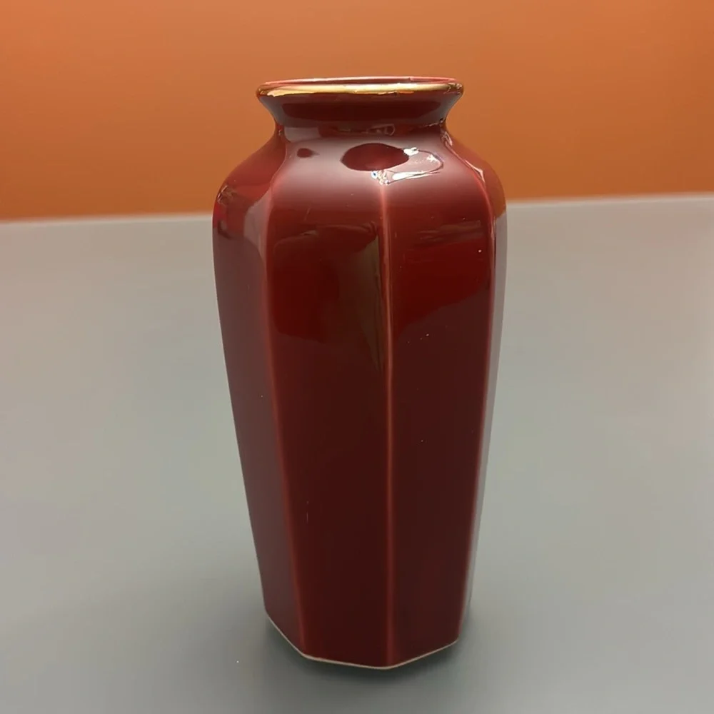 Vintage 1970s Japanese Bud Vase Maroon Pheasants and Dogwood Gold Trim & Accents
